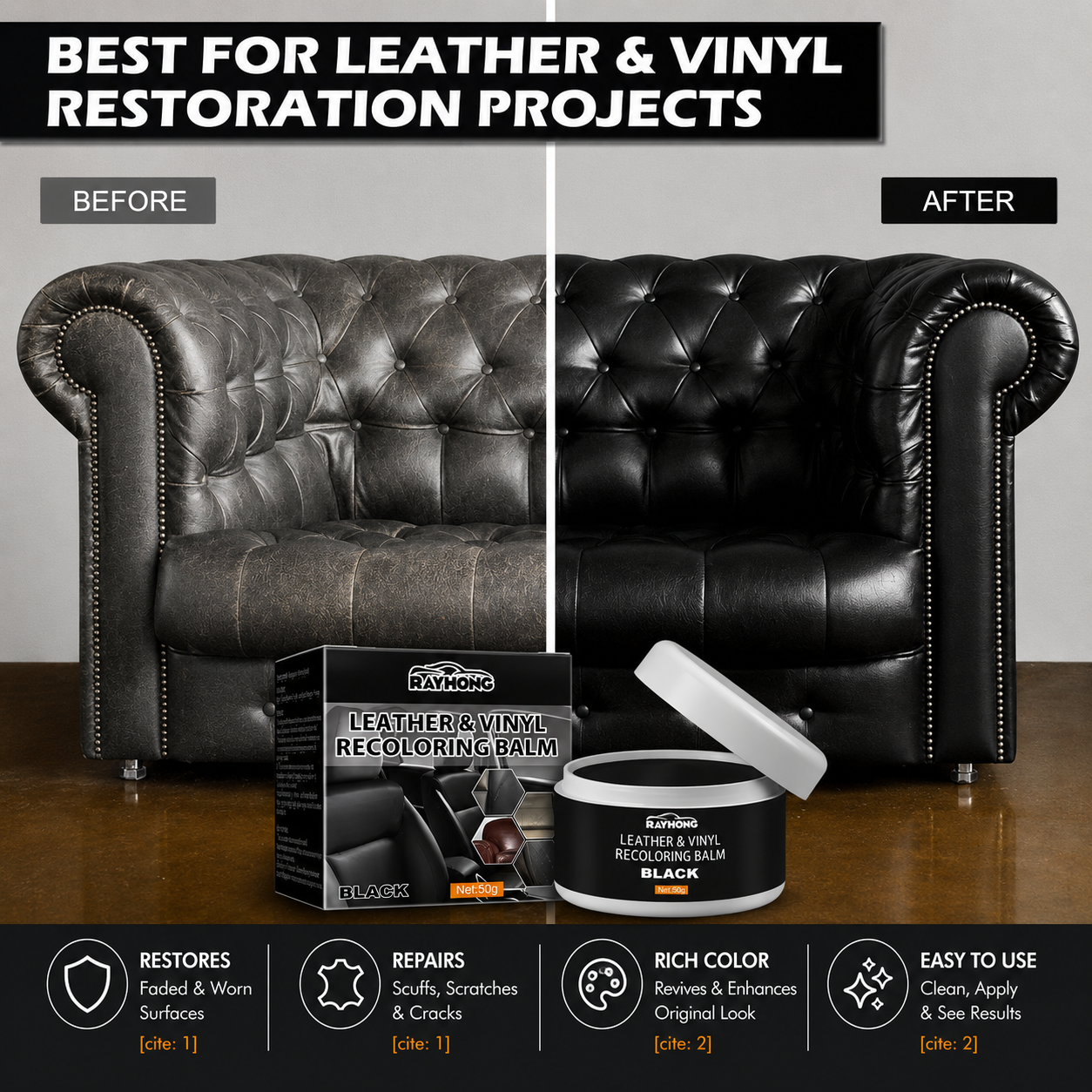 Leather Repair & Color Restoration Cream – Leather Care for Car Seats, Sofas, Shoes & Bags