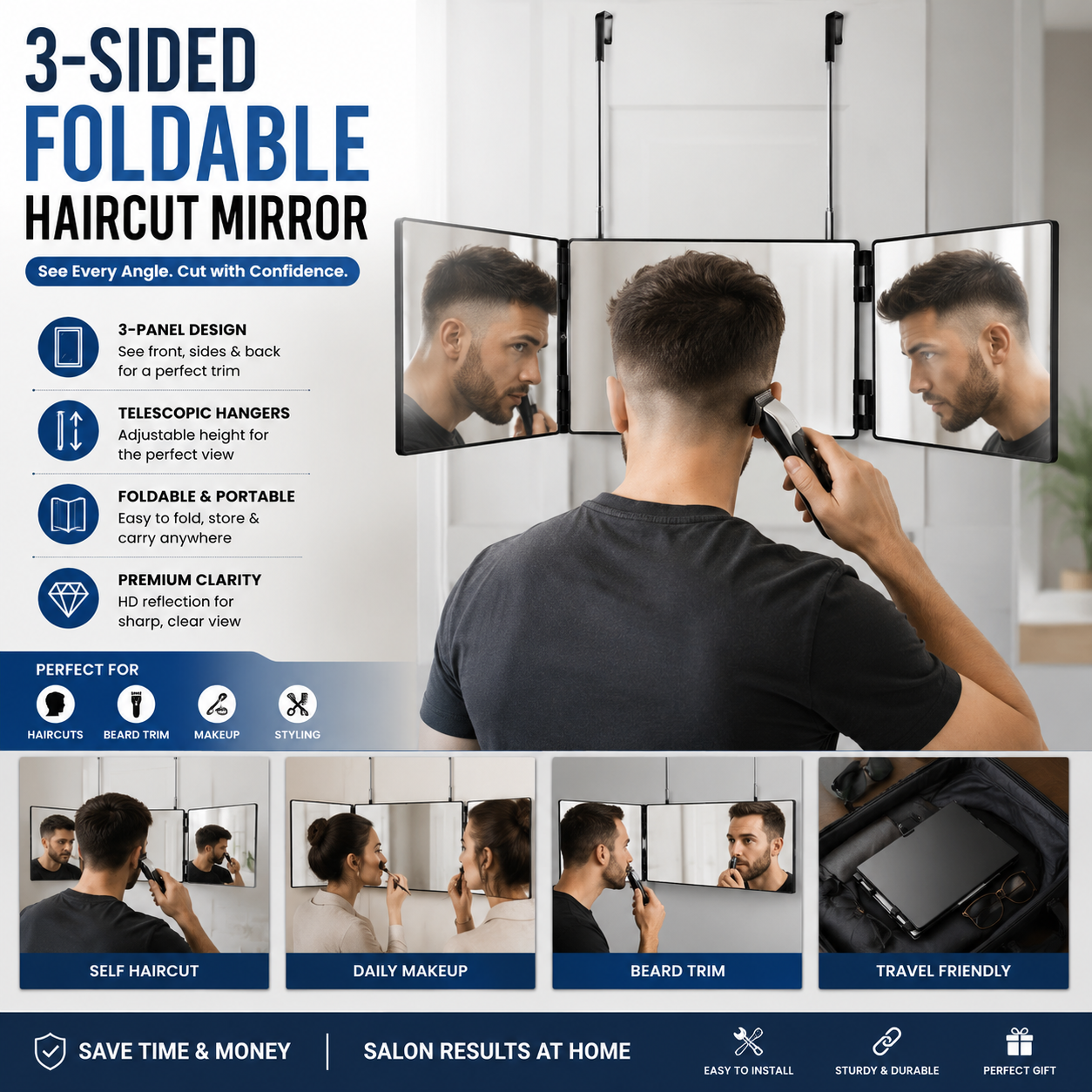 3 Sided Foldable Self Haircut Mirror – Telescopic Hangable Salon Mirror for Hair Trimming & Grooming