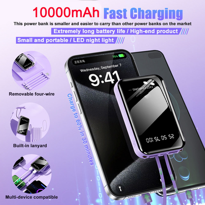 Portable Power Bank – 4 in 1 Built In Cables, Dual LED Lights & Dual USB Charging