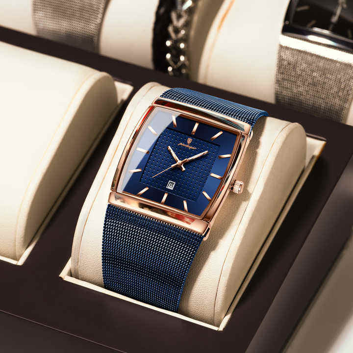 POEDAGAR Luxury Men's Quartz Watch Square Dial Stainless Steel Mesh Strap