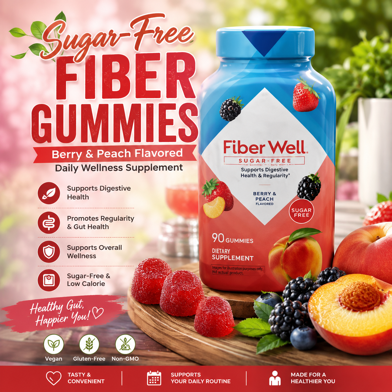 Sugar-Free Vegan Fiber Gummies – Berry & Peach Flavored Daily Wellness Supplement