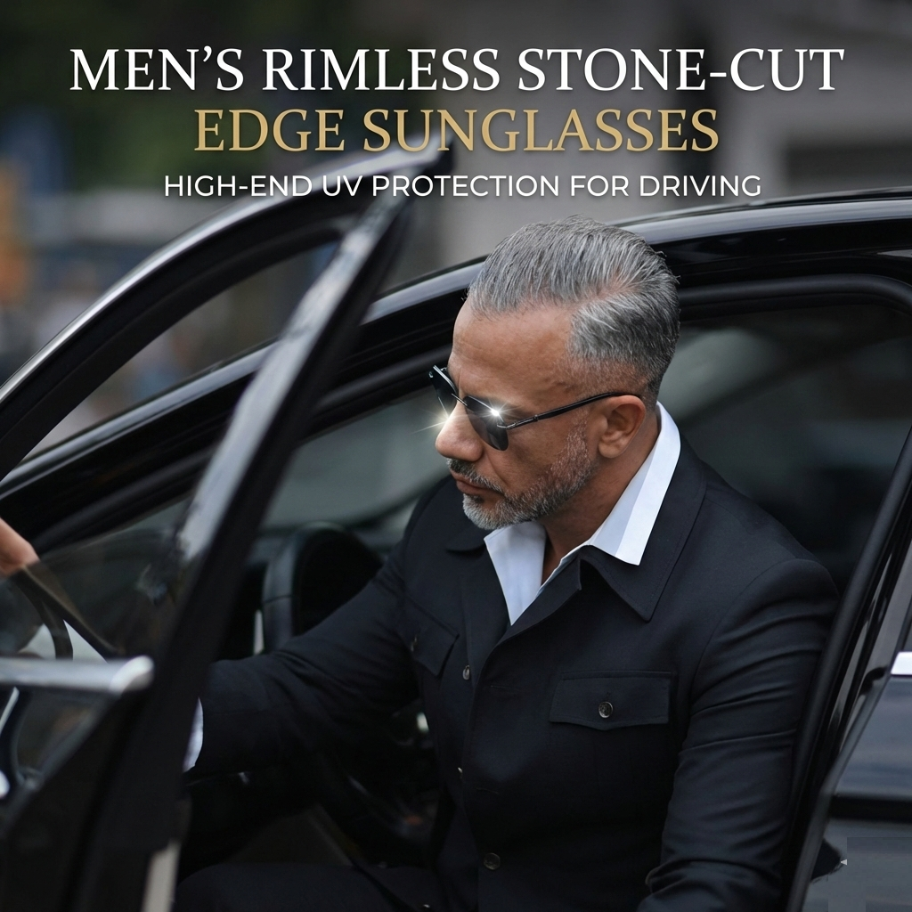 Men’s Rimless Stone-Cut Edge Sunglasses – High-End UV Protection for Driving
