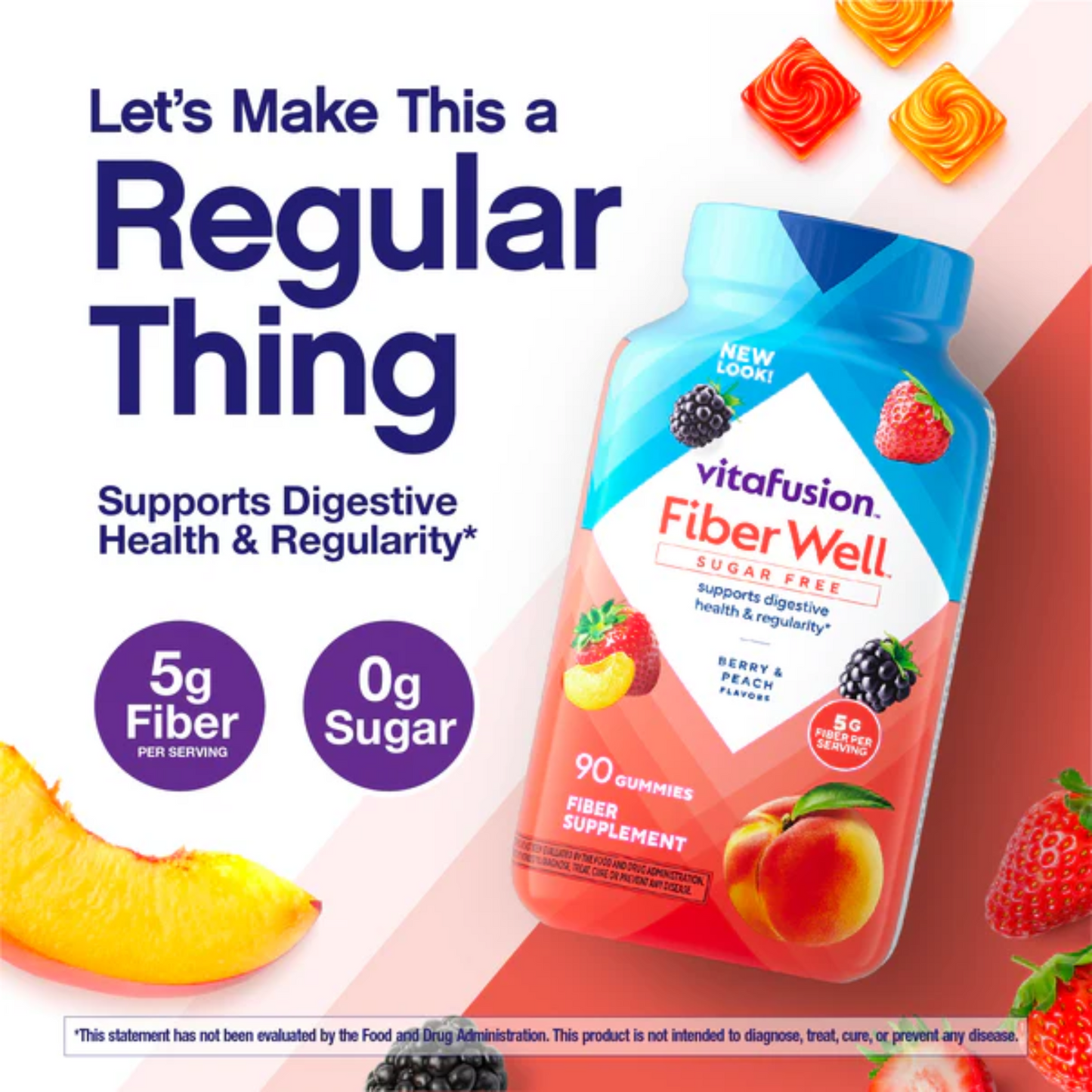 Sugar-Free Vegan Fiber Gummies – Berry & Peach Flavored Daily Wellness Supplement