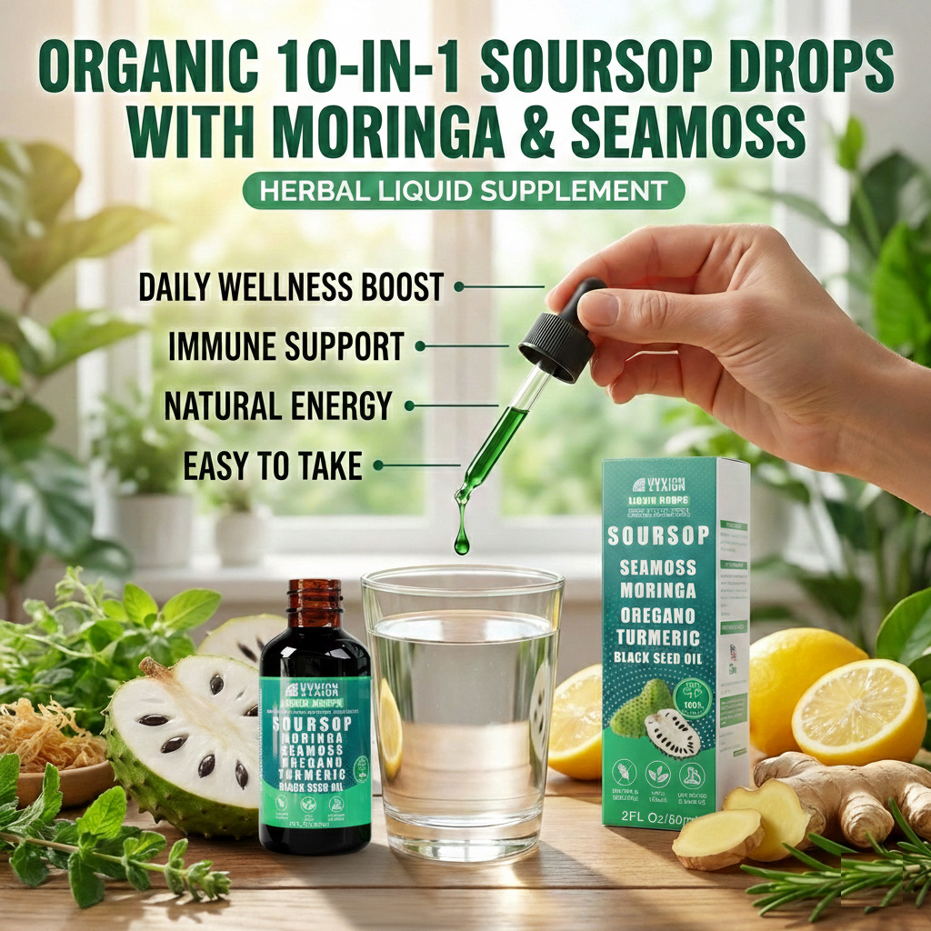 Organic 10-in-1 Soursop Drops with Moringa & Seamoss – Herbal Liquid Supplement