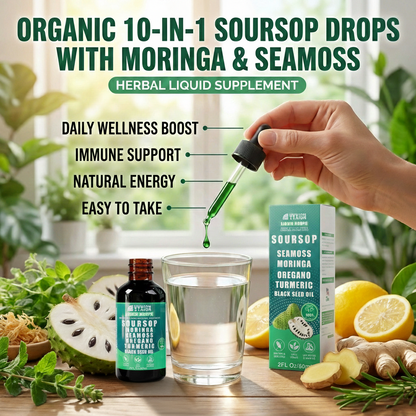 Organic 10-in-1 Soursop Drops with Moringa & Seamoss – Herbal Liquid Supplement