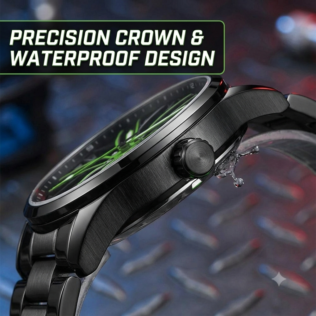 Creative 3D Car Wheel Spin Men's Quartz Watch – Waterproof Stainless Steel Designer Wristwatch