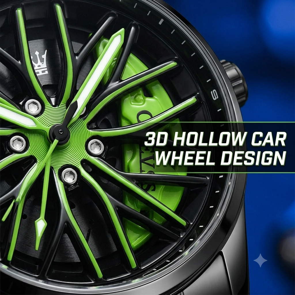 Creative 3D Car Wheel Spin Men's Quartz Watch – Waterproof Stainless Steel Designer Wristwatch