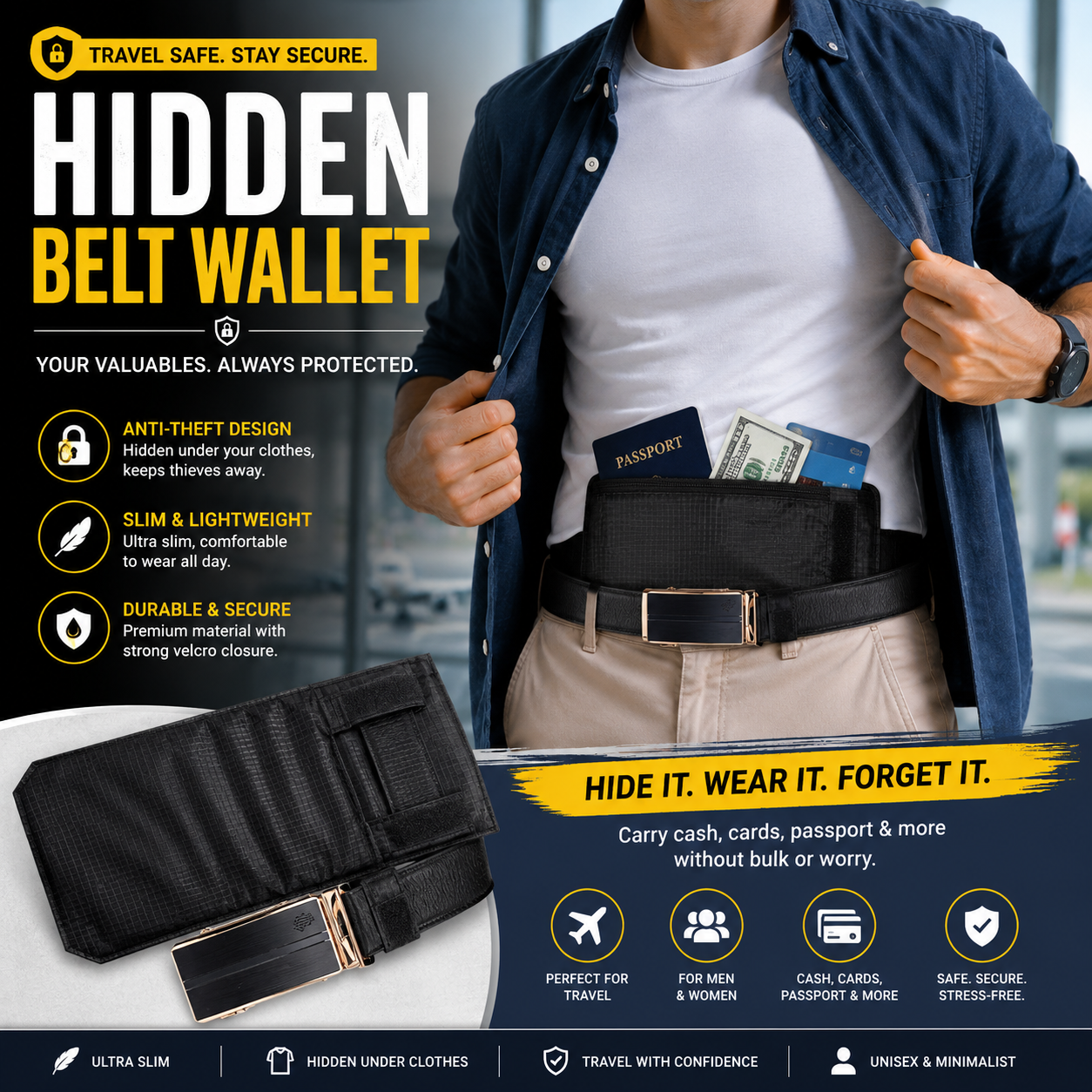 Slim Hidden Belt Wallet – Anti-Theft Travel Money Belt for Men & Women