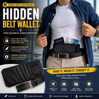 Slim Hidden Belt Wallet – Anti-Theft Travel Money Belt for Men & Women