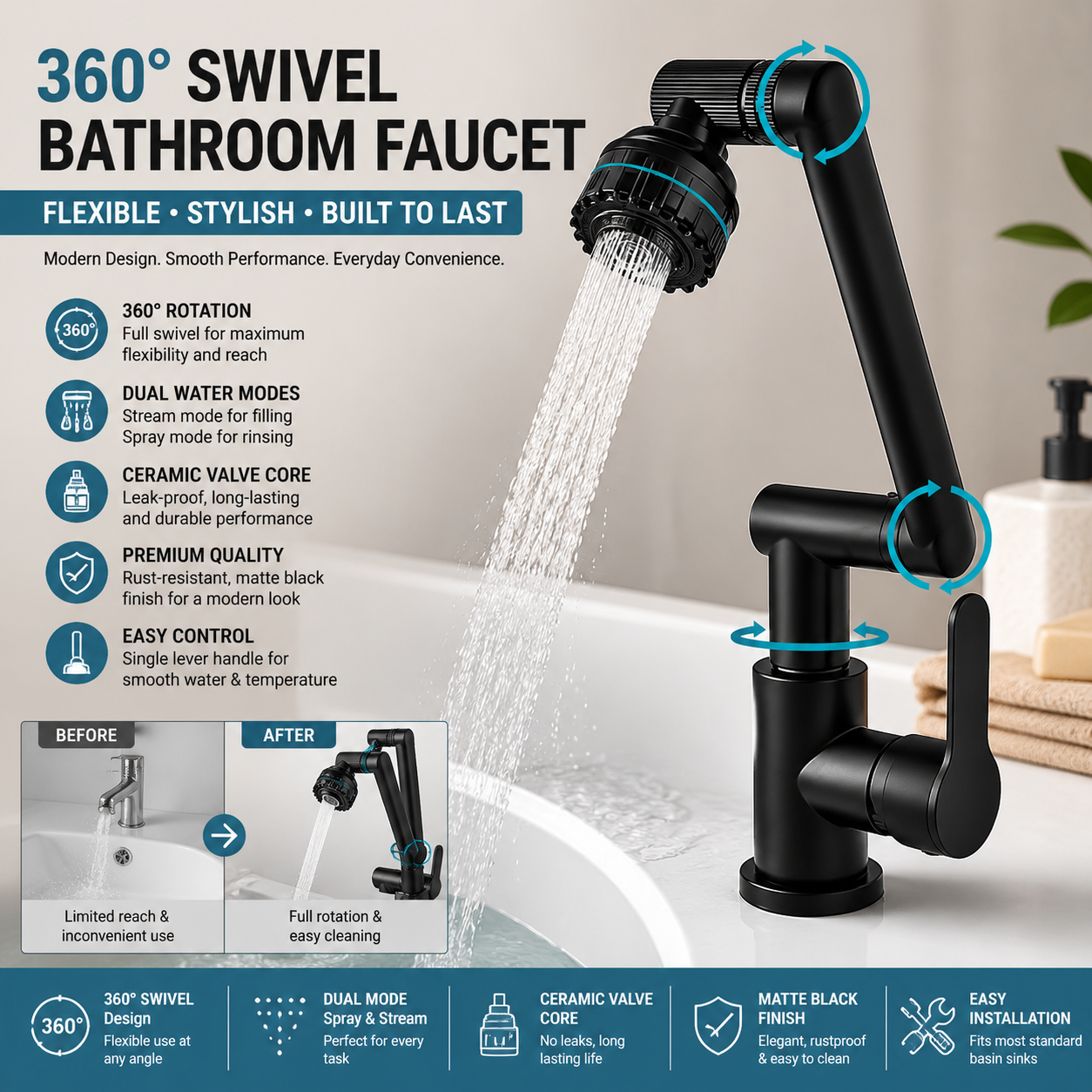 Deck Mounted Bathroom Faucet Wash Basin Tap with Ceramic Valve Core
