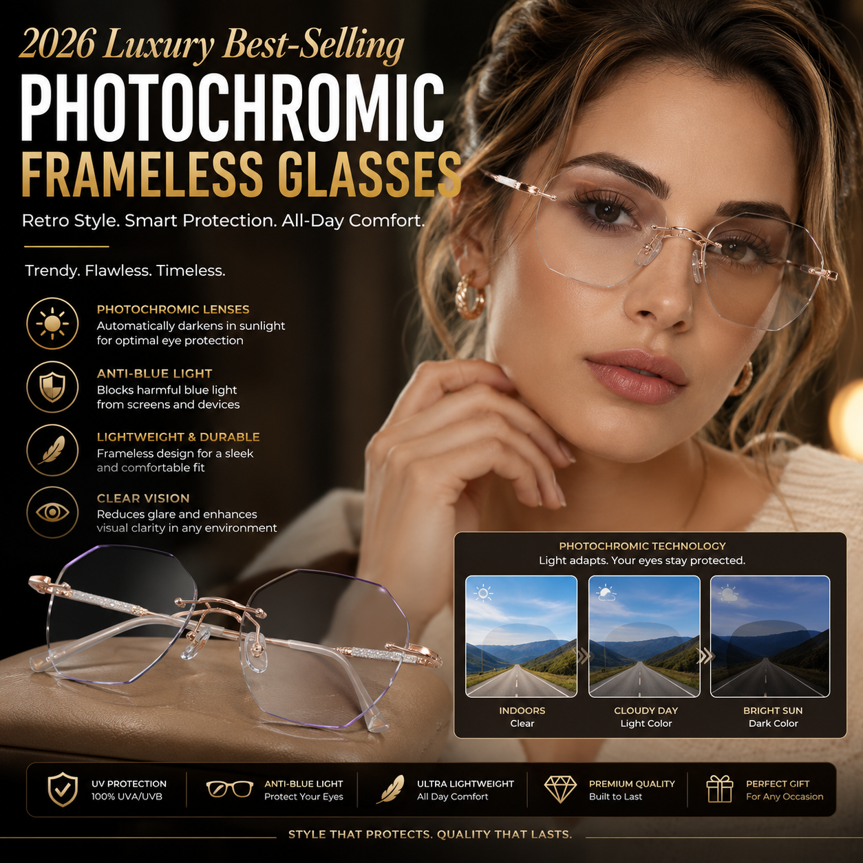 Luxury Frameless Photochromic Glasses – Anti-Blue Light UV Protection Eyewear for Men & Women
