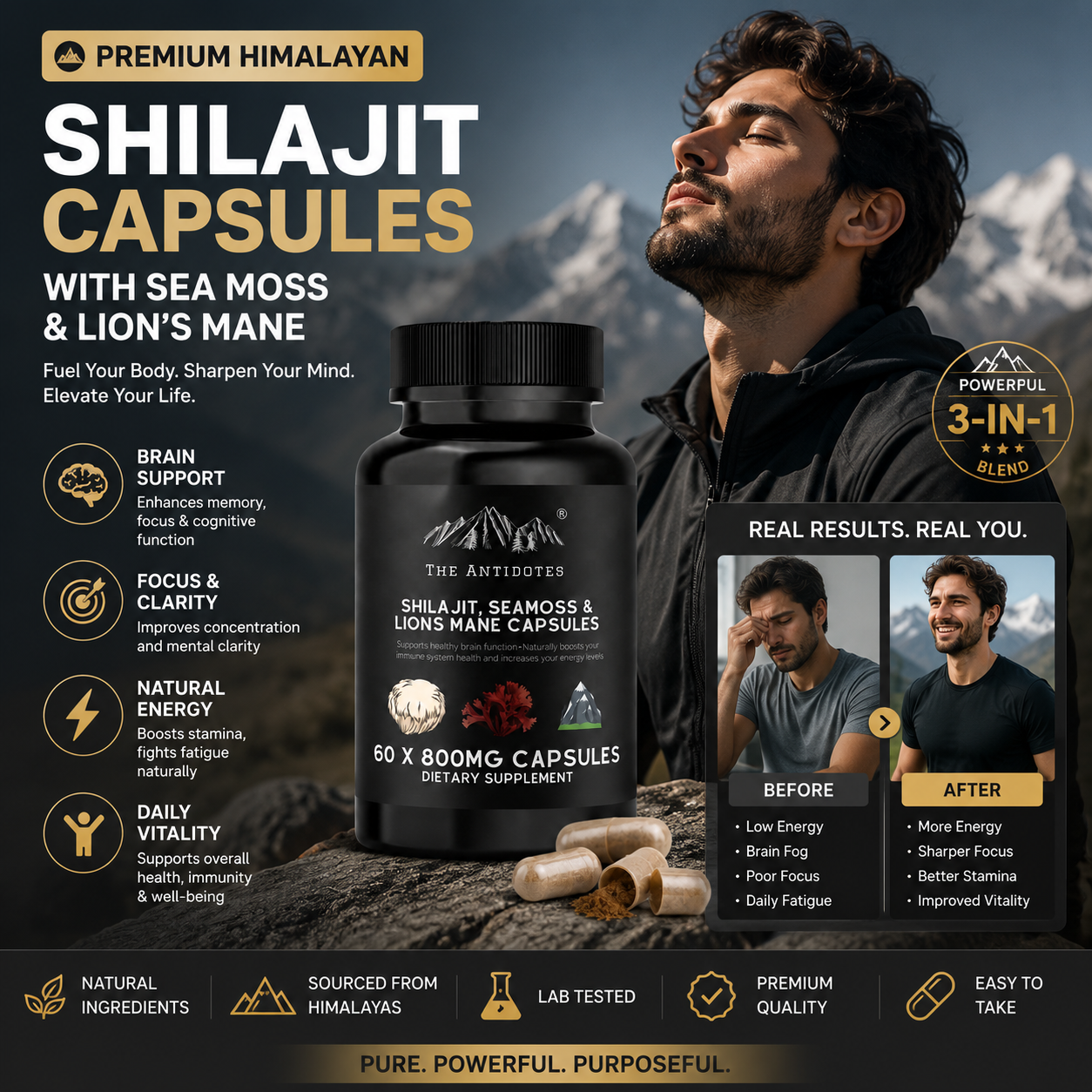 Premium Himalayan Shilajit Capsules with Sea Moss & Lion's Mane