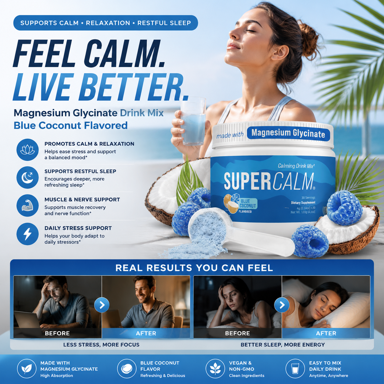 SuperCalm Magnesium Glycinate Drink Mix Blue Coconut Flavored