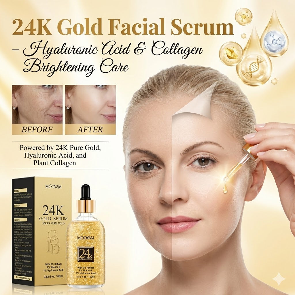 24K Gold Facial Serum – Hyaluronic Acid & Collagen Brightening Care