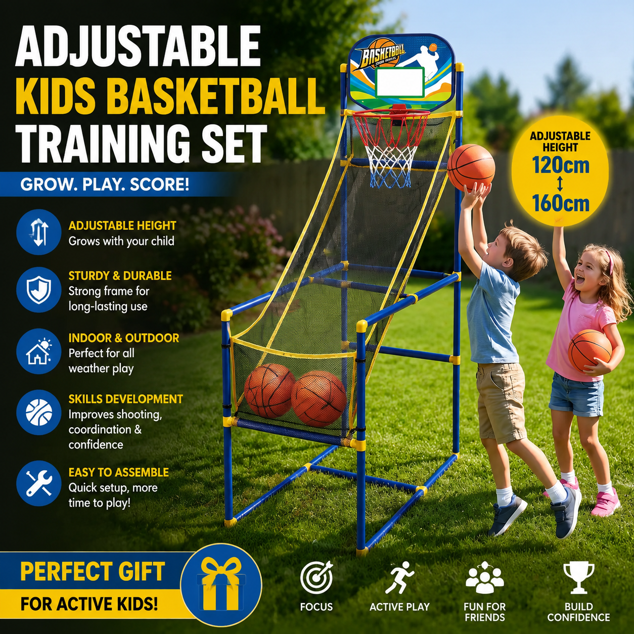 Adjustable Kids Indoor & Outdoor Freestanding Basketball Training Set