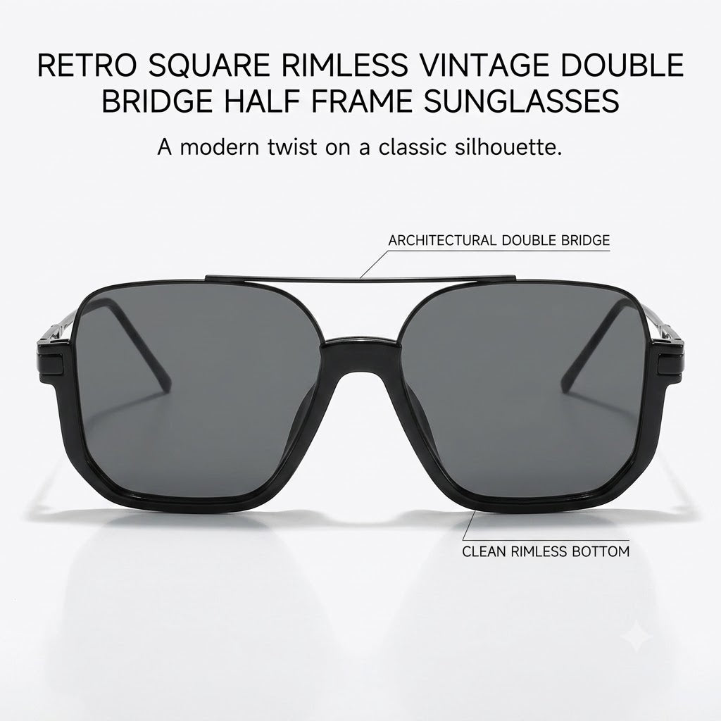 Retro Square Rimless Vintage Double Bridge Half Frame Sunglasses