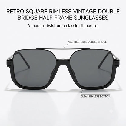 Retro Square Rimless Vintage Double Bridge Half Frame Sunglasses