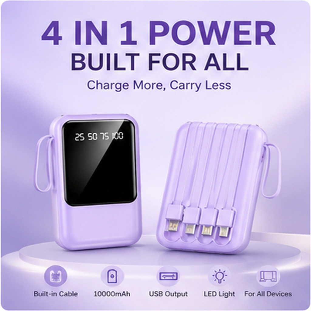 Portable Power Bank – 4 in 1 Built In Cables, Dual LED Lights & Dual USB Charging