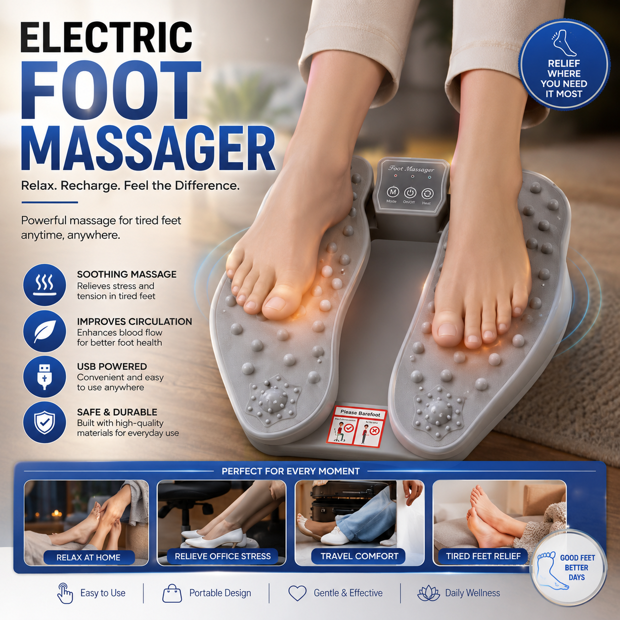 Portable Electric Foot Massager – Relaxing Foot Massage for Home, Office & Travel