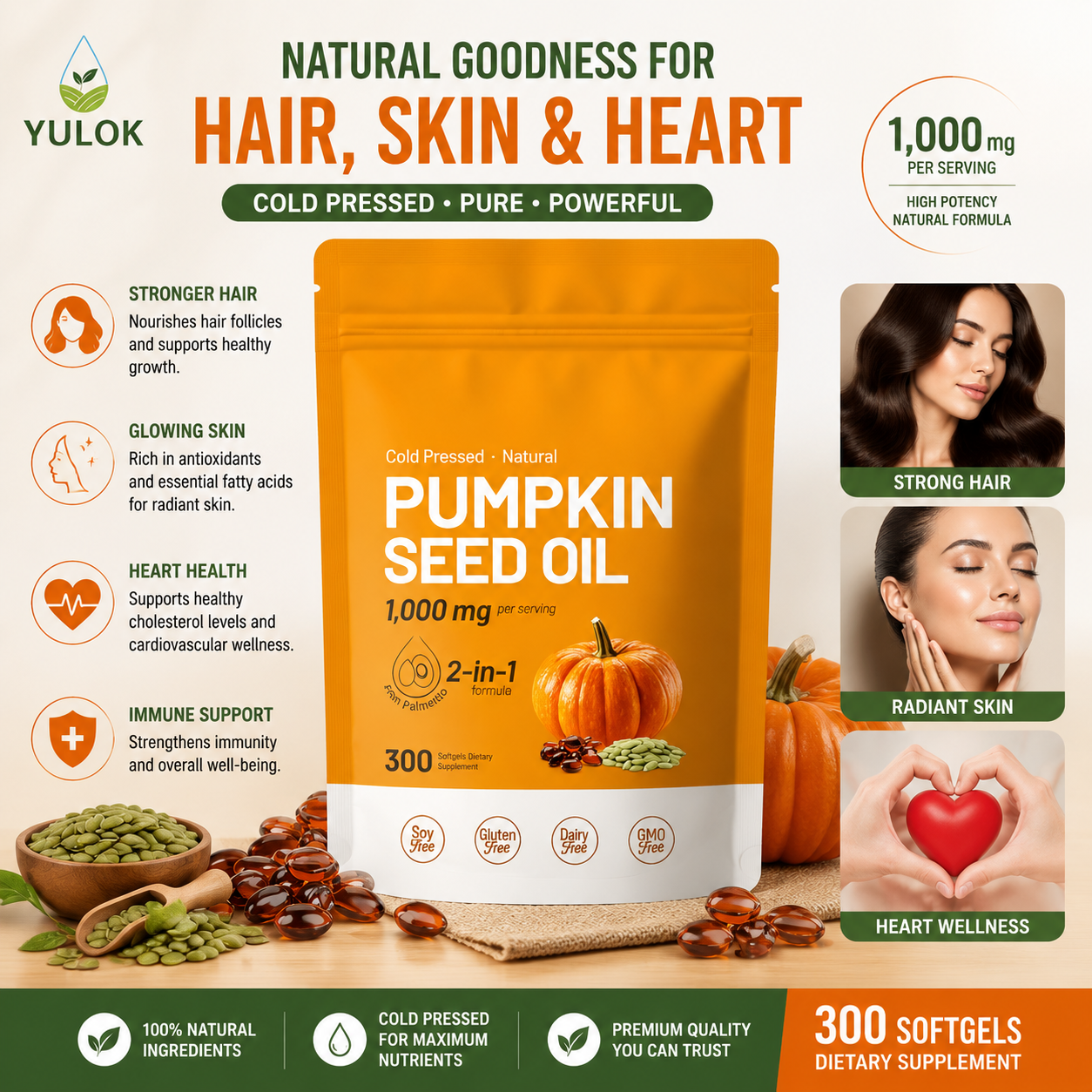 Pumpkin Seed Oil Capsules – Natural Beauty Supplement for Hair, Skin & Heart Wellness Support