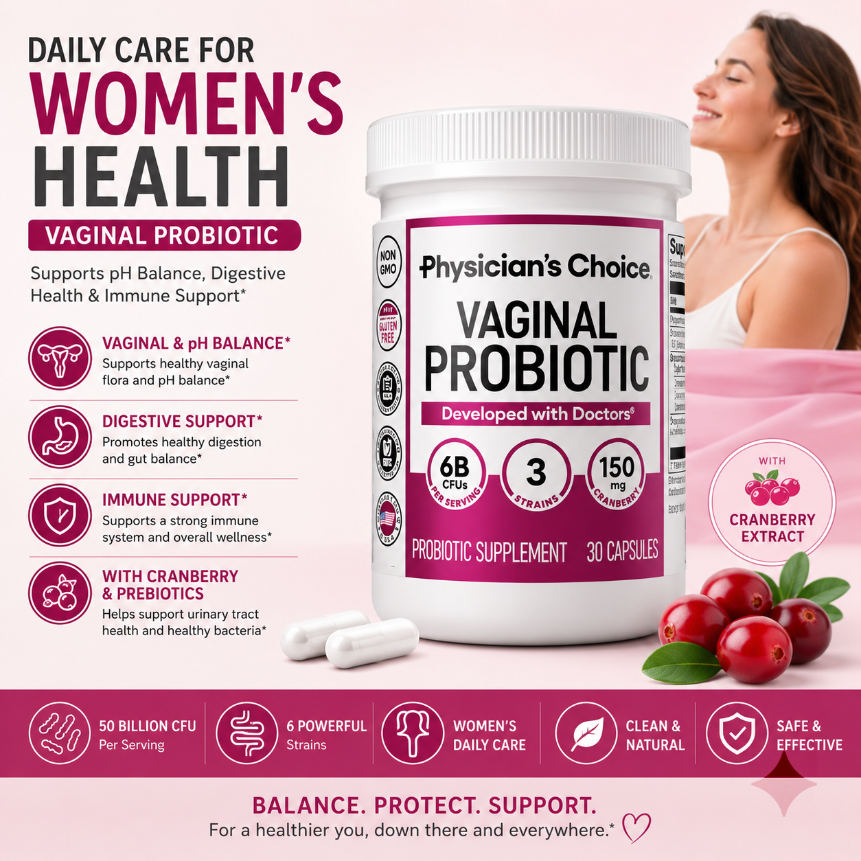Women's Probiotic Capsules – 50 Billion CFU with 6 Probiotic Strains, Cranberry & Prebiotics