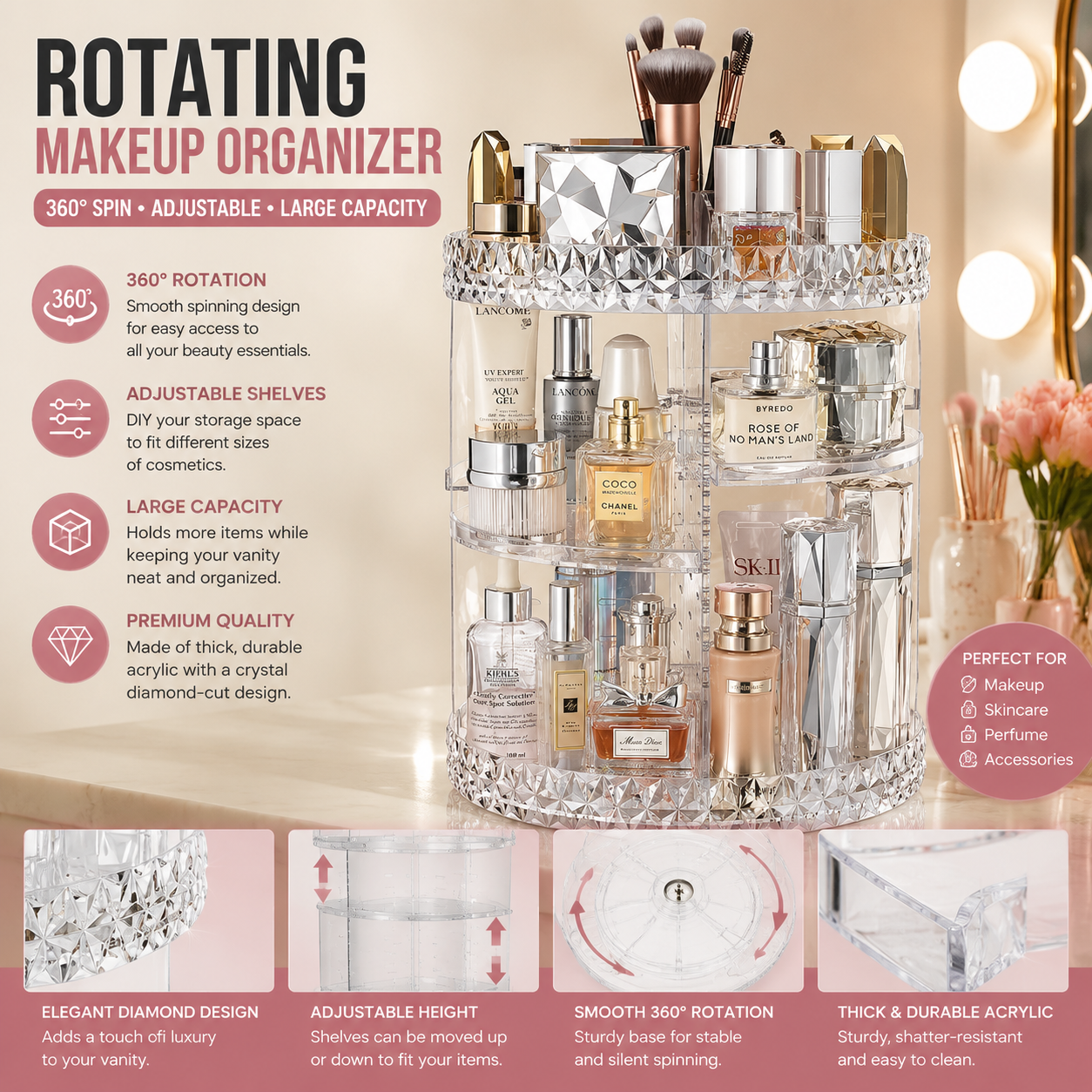 Rotating Makeup Organizer – Adjustable Spinning Cosmetic Holder & Beauty Storage Display Case