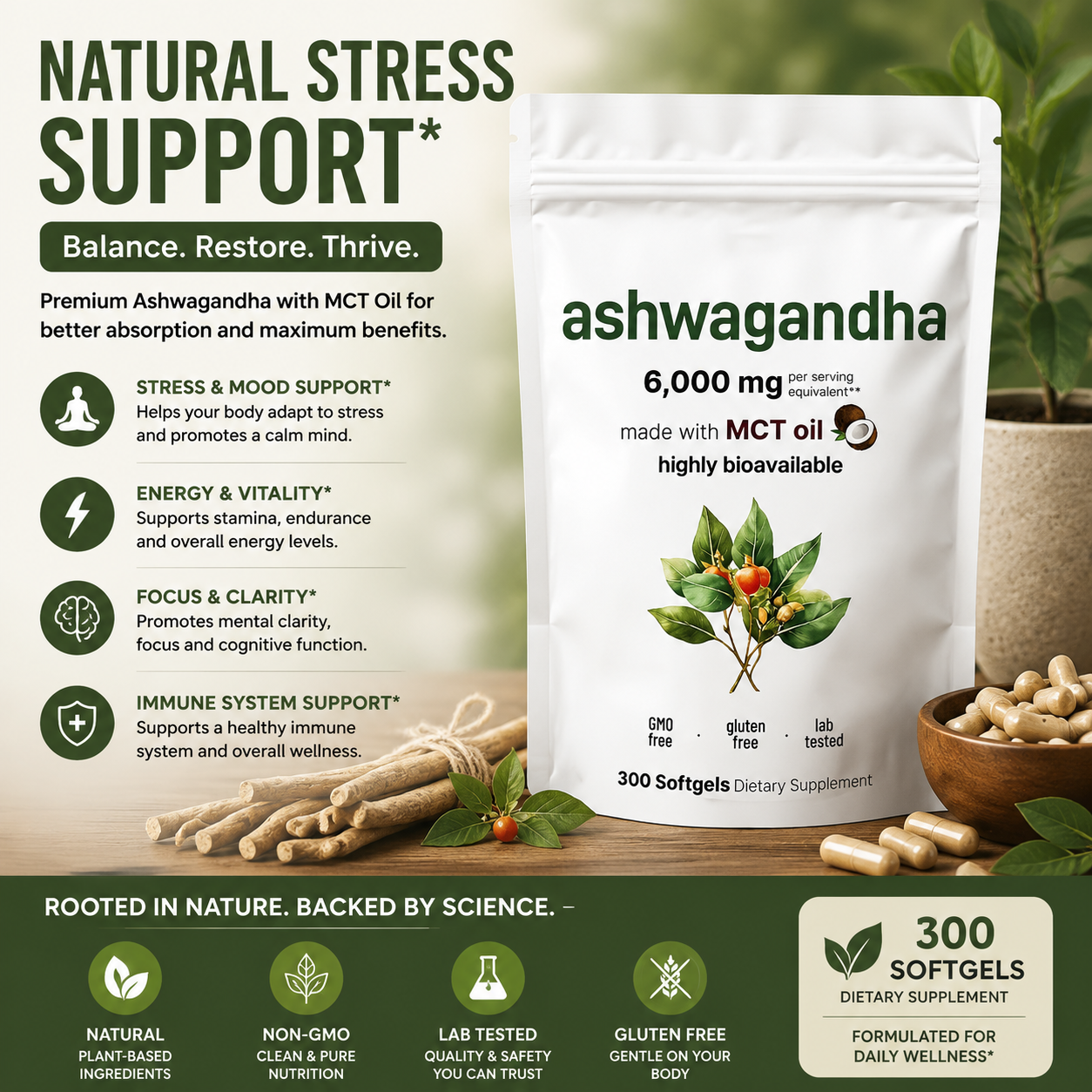 Vegetarian Ashwagandha Capsules – Non-GMO Herbal Dietary Supplement for Daily Wellness Support