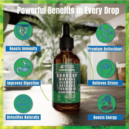 Organic 10-in-1 Soursop Drops with Moringa & Seamoss – Herbal Liquid Supplement
