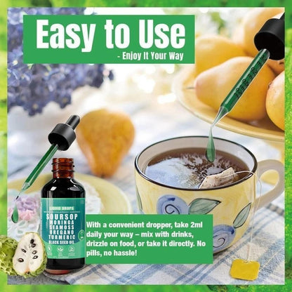 Organic 10-in-1 Soursop Drops with Moringa & Seamoss – Herbal Liquid Supplement